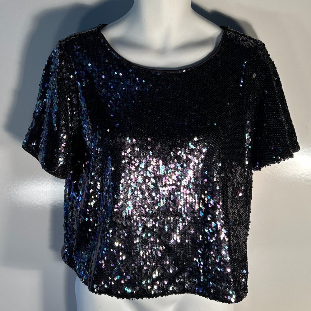 Lumiere SZ L Black Sequin Top Dressy Formal Party Boxy Club Retro Bow